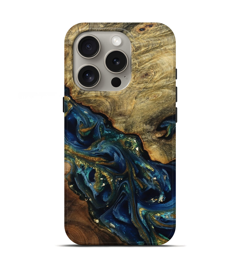 iPhone 16 Pro Wood Live Edge Phone Case - Karri (Teal & Gold, 808650)