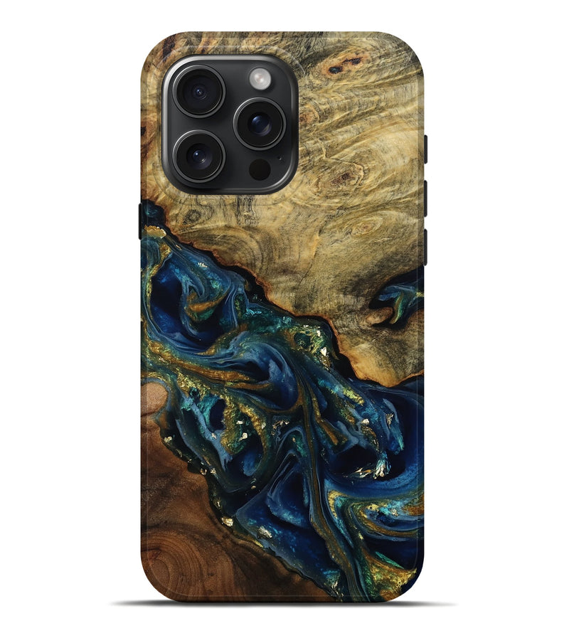 iPhone 16 Pro Max Wood Live Edge Phone Case - Karri (Teal & Gold, 808650)