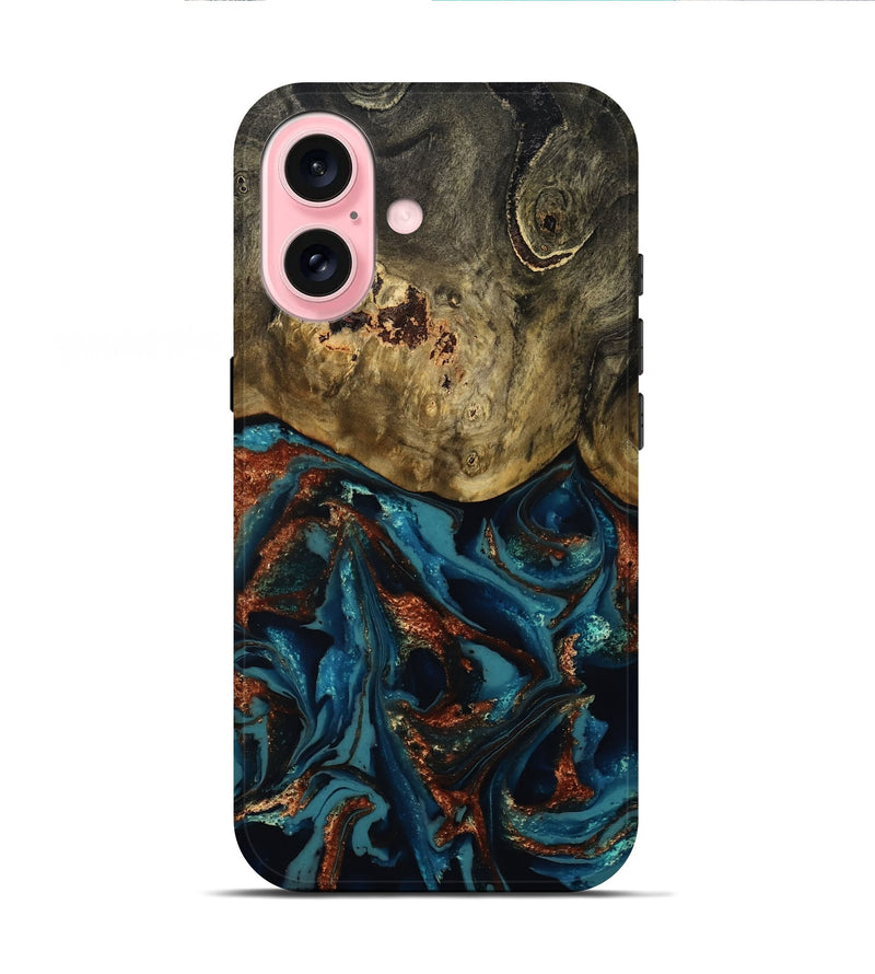 iPhone 16 Wood Live Edge Phone Case - Giles (Teal & Gold, 808659)