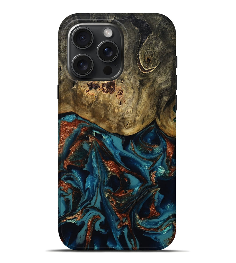 iPhone 16 Pro Max Wood Live Edge Phone Case - Giles (Teal & Gold, 808659)