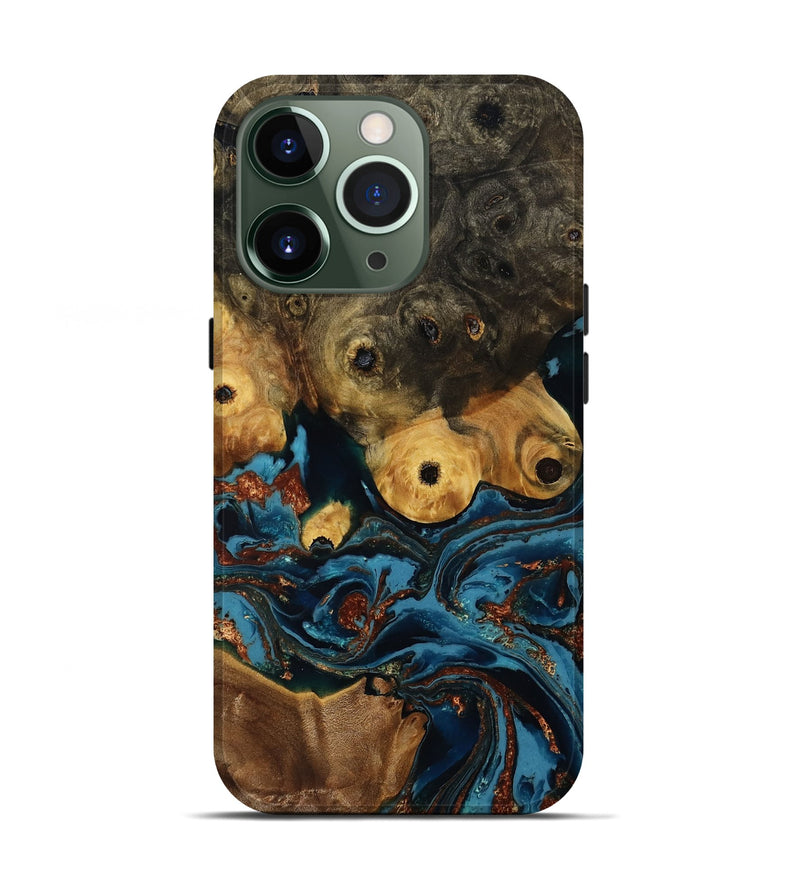 iPhone 13 Pro Wood Live Edge Phone Case - Ainsley (Teal & Gold, 808663)