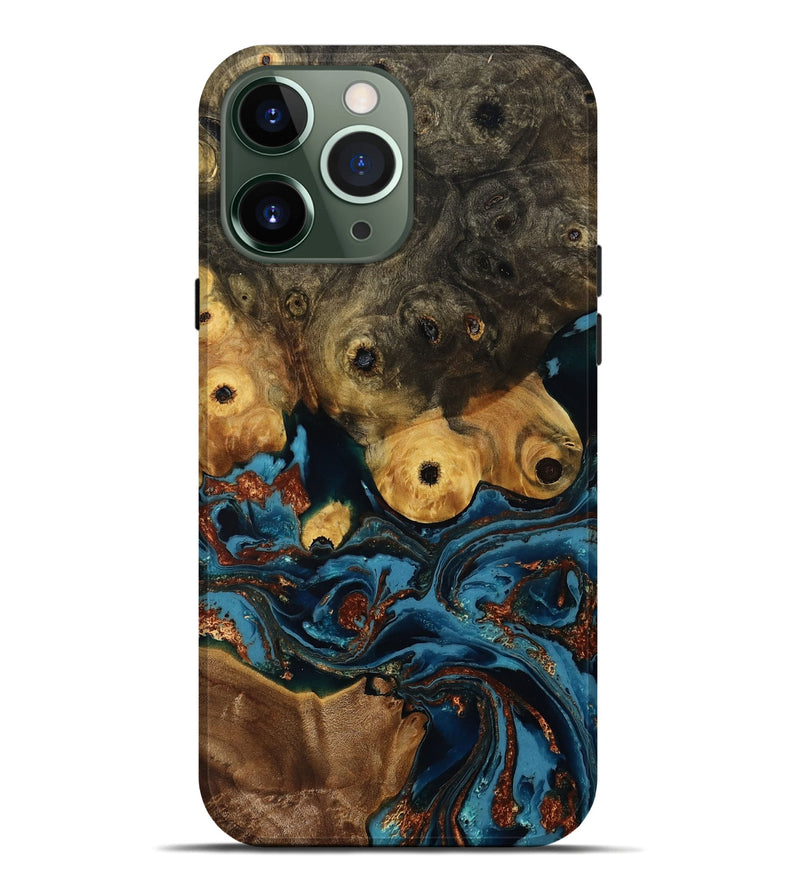 iPhone 13 Pro Max Wood Live Edge Phone Case - Ainsley (Teal & Gold, 808663)