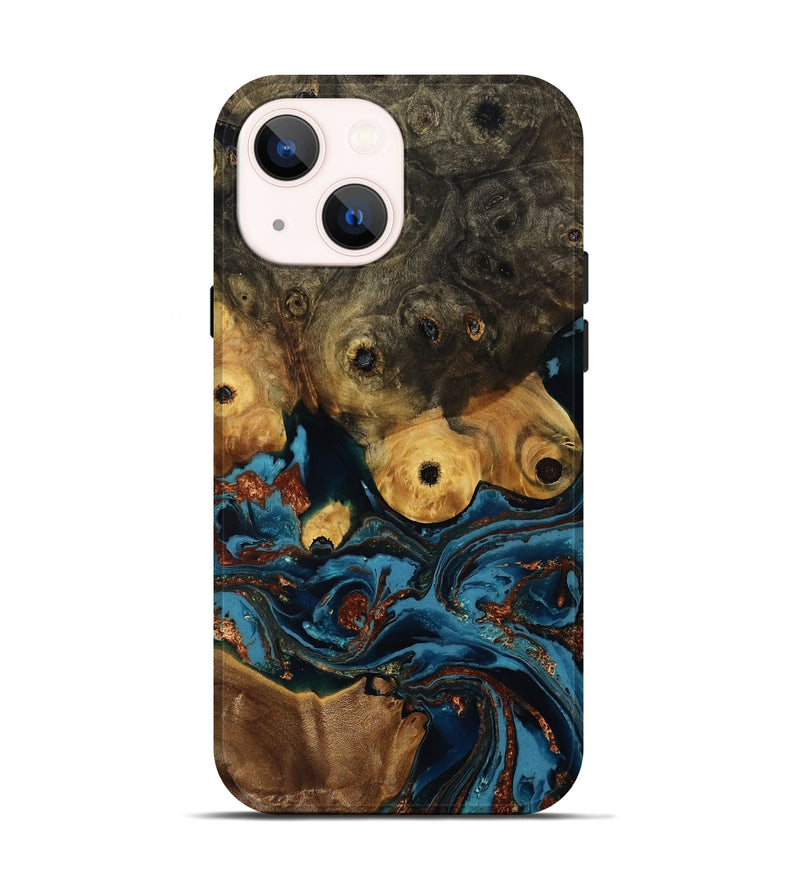 iPhone 14 Wood Live Edge Phone Case - Ainsley (Teal & Gold, 808663)