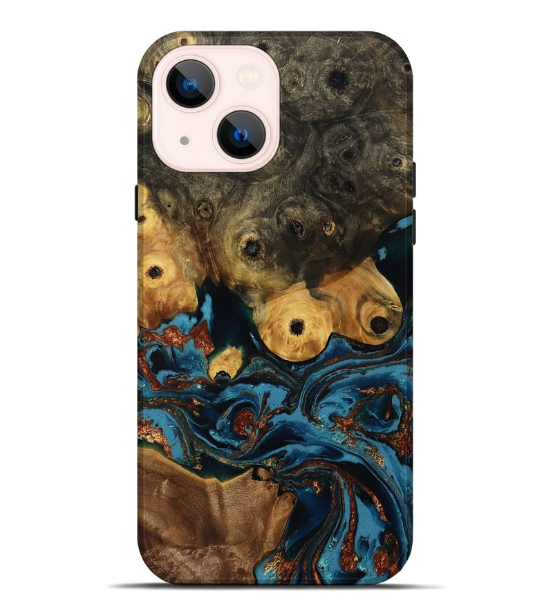iPhone 14 Plus Wood Live Edge Phone Case - Ainsley (Teal & Gold, 808663)