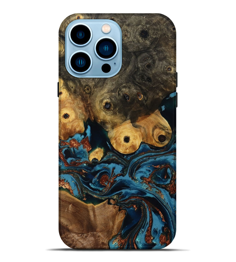 iPhone 14 Pro Max Wood Live Edge Phone Case - Ainsley (Teal & Gold, 808663)