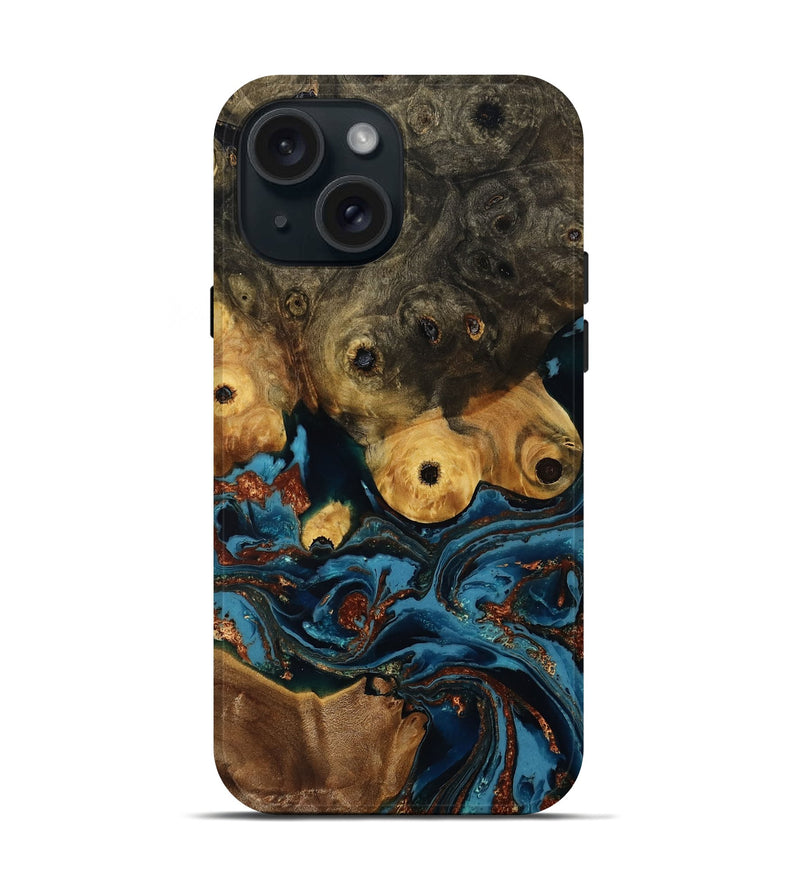 iPhone 15 Wood Live Edge Phone Case - Ainsley (Teal & Gold, 808663)