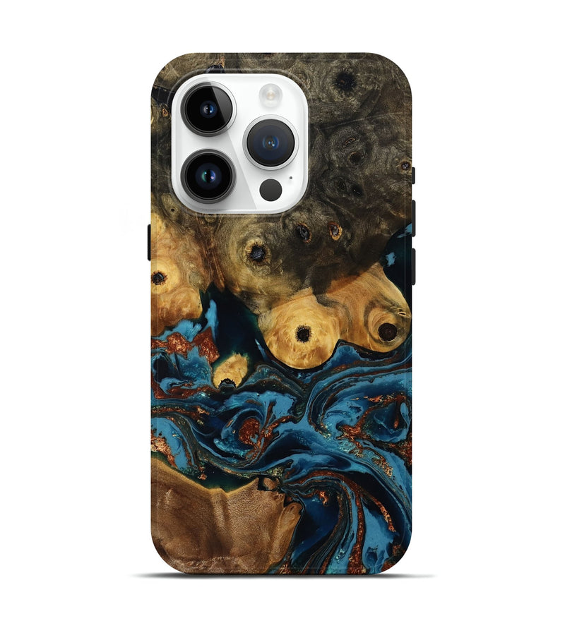 iPhone 15 Pro Wood Live Edge Phone Case - Ainsley (Teal & Gold, 808663)