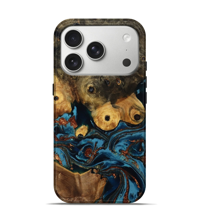 iPhone 17 Pro Wood Live Edge Phone Case - Ainsley (Teal & Gold, 808663)
