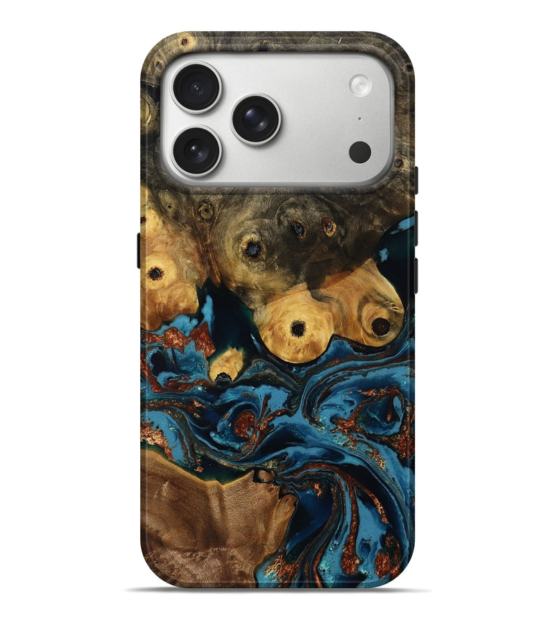 iPhone 17 Pro Max Wood Live Edge Phone Case - Ainsley (Teal & Gold, 808663)