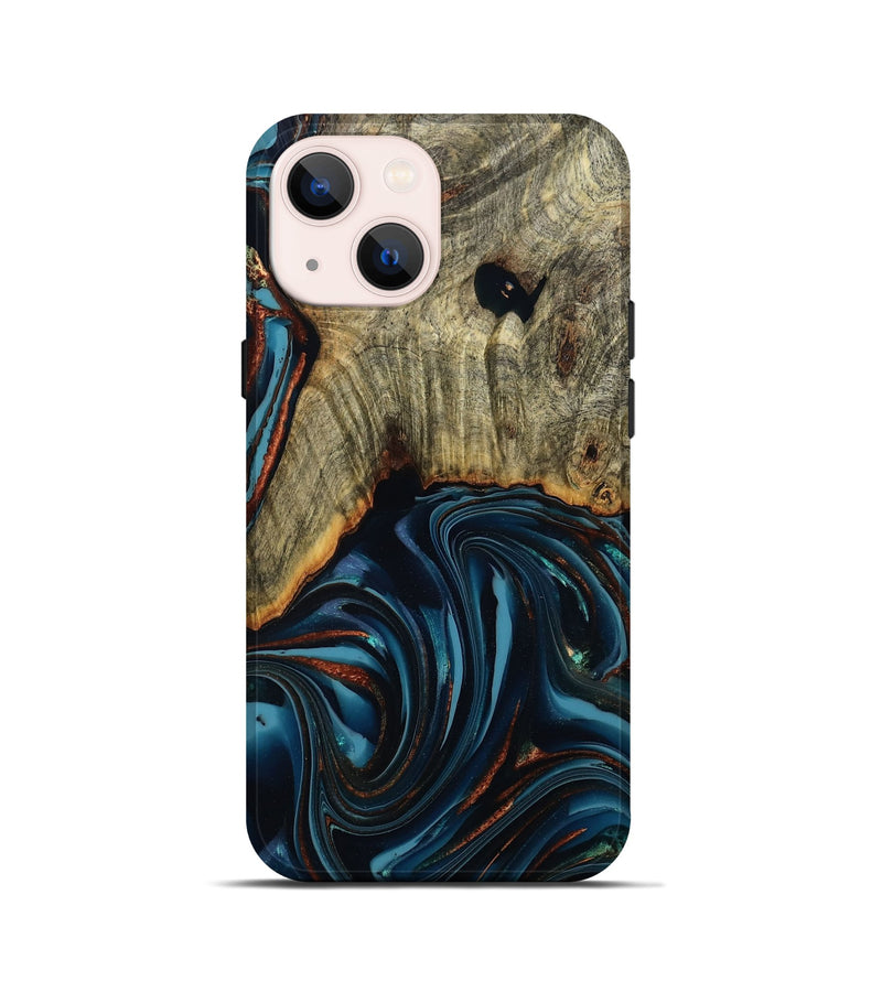 iPhone 13 mini Wood Live Edge Phone Case - Westley (Teal & Gold, 808680)