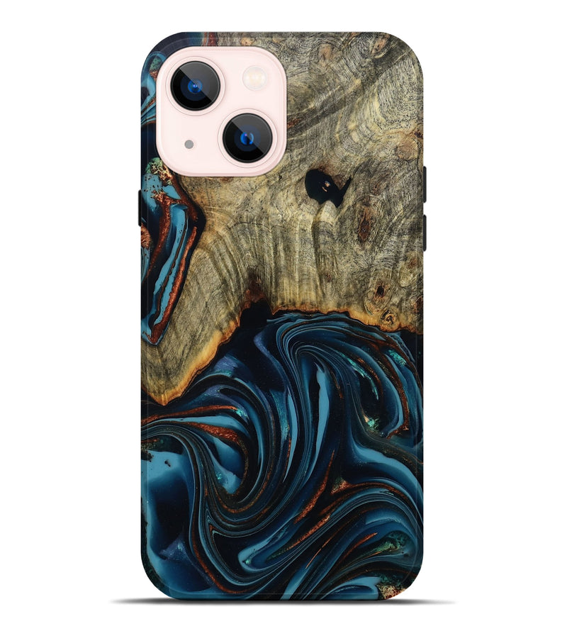 iPhone 14 Plus Wood Live Edge Phone Case - Westley (Teal & Gold, 808680)