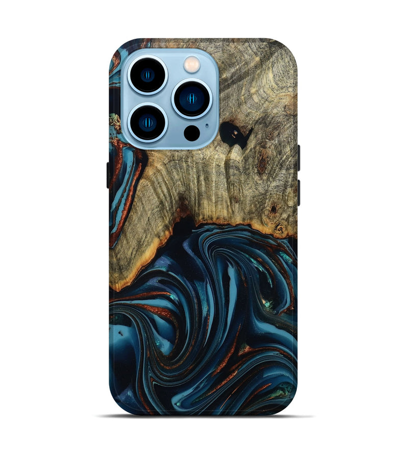 iPhone 14 Pro Wood Live Edge Phone Case - Westley (Teal & Gold, 808680)