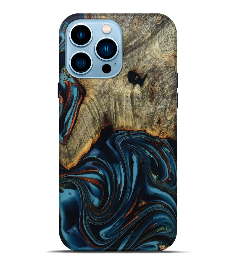iPhone 14 Pro Max Wood Live Edge Phone Case - Westley (Teal & Gold, 808680)