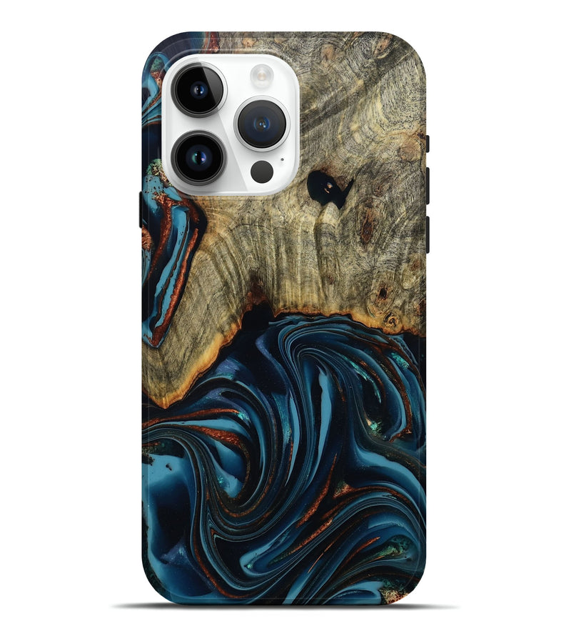 iPhone 15 Pro Max Wood Live Edge Phone Case - Westley (Teal & Gold, 808680)