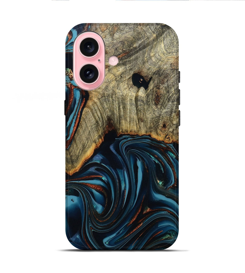 iPhone 16 Wood Live Edge Phone Case - Westley (Teal & Gold, 808680)