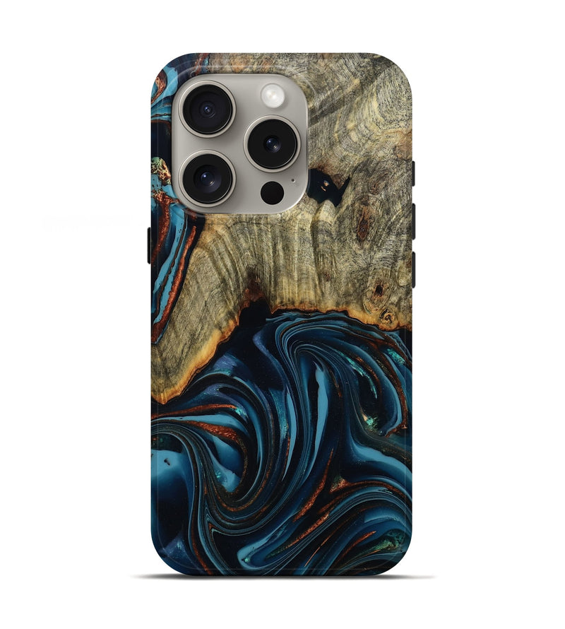 iPhone 16 Pro Wood Live Edge Phone Case - Westley (Teal & Gold, 808680)