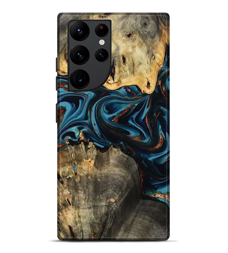 Galaxy S22 Ultra Wood Live Edge Phone Case - Azriel (Teal & Gold, 808681)