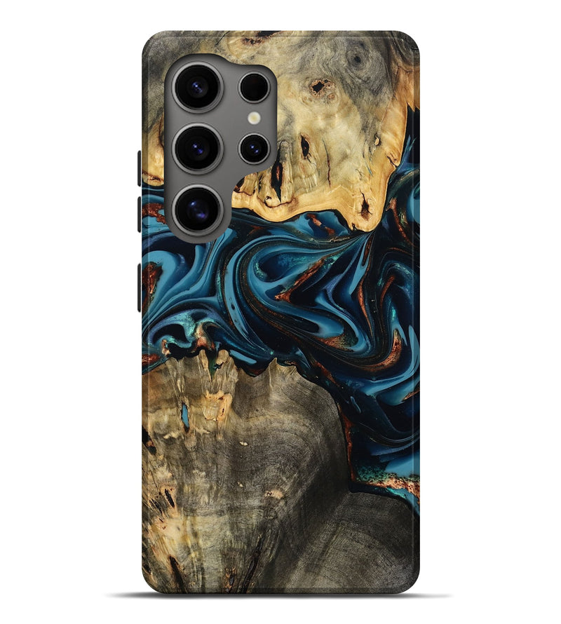 Galaxy S25 Ultra Wood Live Edge Phone Case - Azriel (Teal & Gold, 808681)
