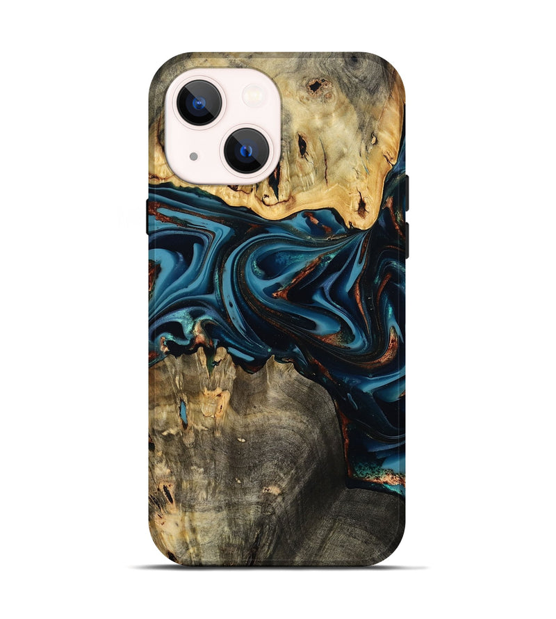 iPhone 14 Wood Live Edge Phone Case - Azriel (Teal & Gold, 808681)