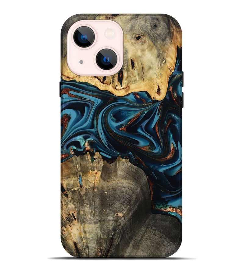 iPhone 14 Plus Wood Live Edge Phone Case - Azriel (Teal & Gold, 808681)