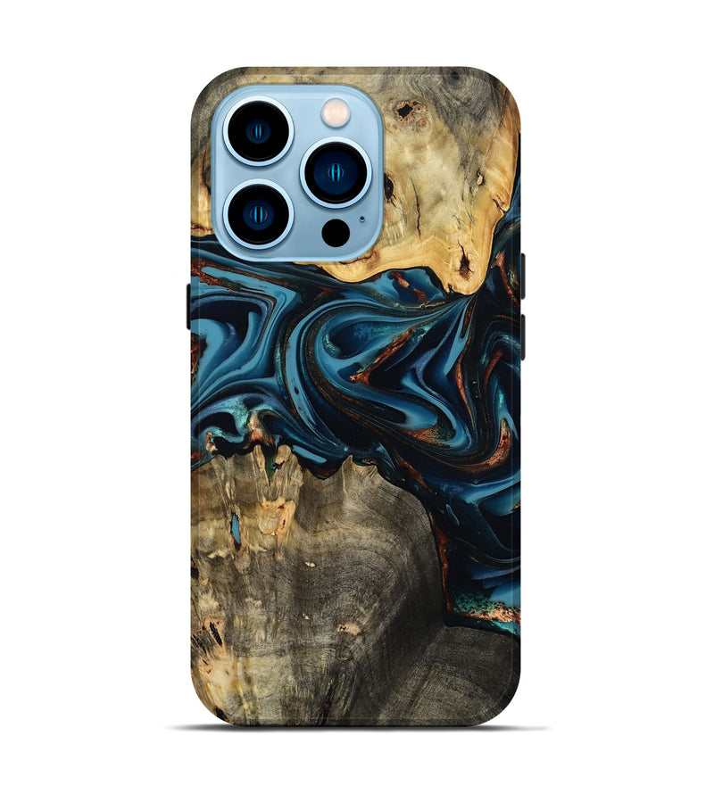 iPhone 14 Pro Wood Live Edge Phone Case - Azriel (Teal & Gold, 808681)