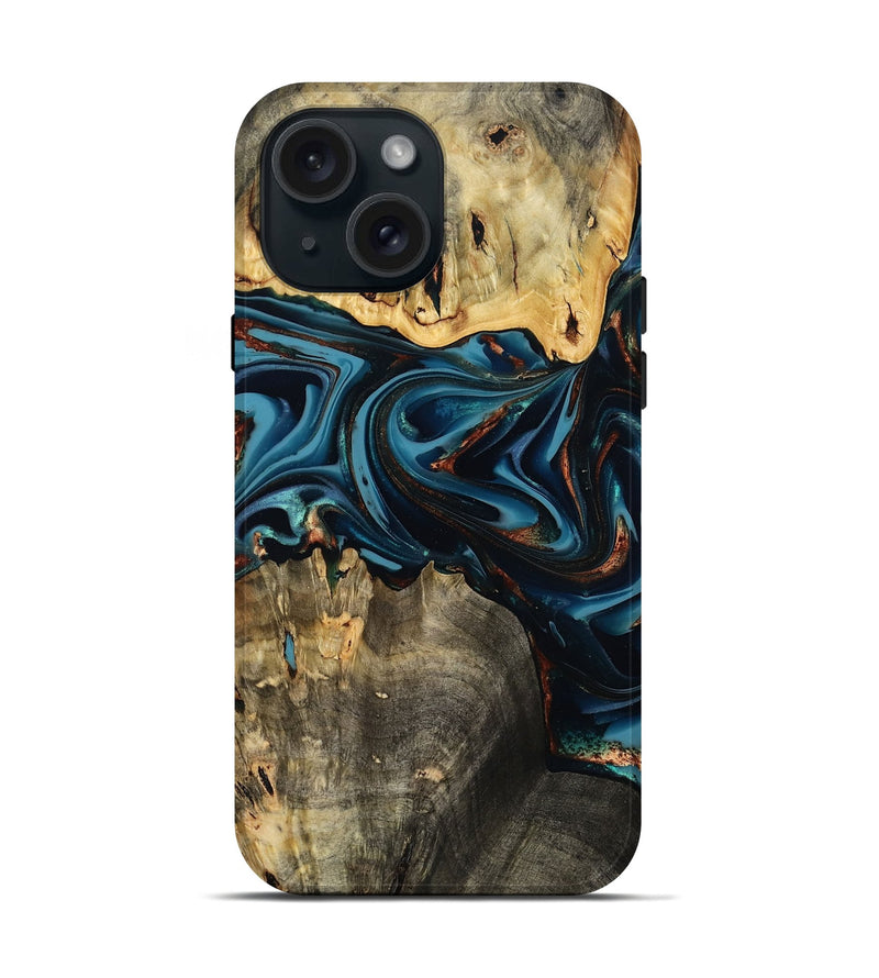 iPhone 15 Wood Live Edge Phone Case - Azriel (Teal & Gold, 808681)
