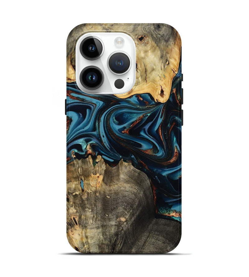 iPhone 15 Pro Wood Live Edge Phone Case - Azriel (Teal & Gold, 808681)