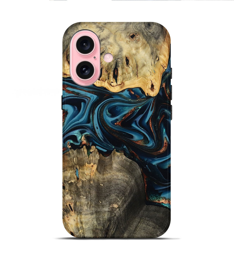 iPhone 16 Wood Live Edge Phone Case - Azriel (Teal & Gold, 808681)