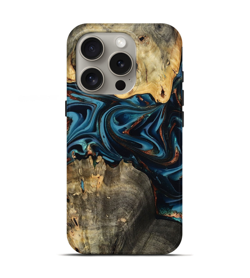 iPhone 16 Pro Wood Live Edge Phone Case - Azriel (Teal & Gold, 808681)