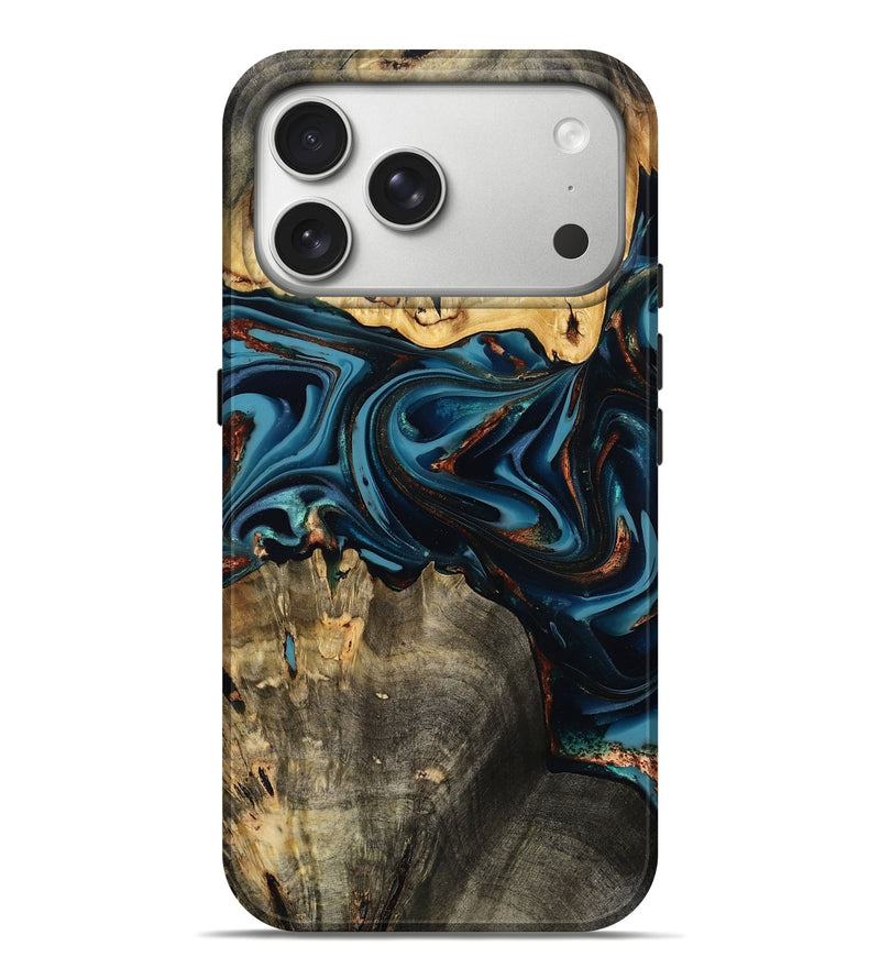 iPhone 17 Pro Max Wood Live Edge Phone Case - Azriel (Teal & Gold, 808681)