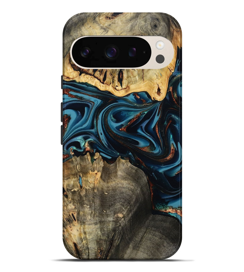 Pixel 10 Pro XL Wood Live Edge Phone Case - Azriel (Teal & Gold, 808681)