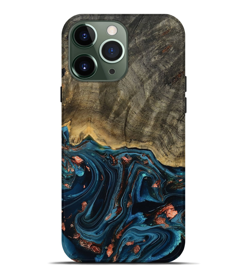 iPhone 13 Pro Max Wood Live Edge Phone Case - Don (Teal & Gold, 808682)
