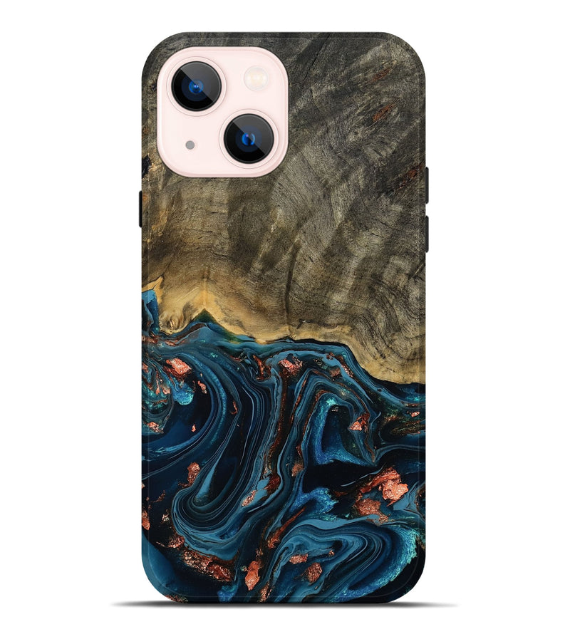 iPhone 14 Plus Wood Live Edge Phone Case - Don (Teal & Gold, 808682)