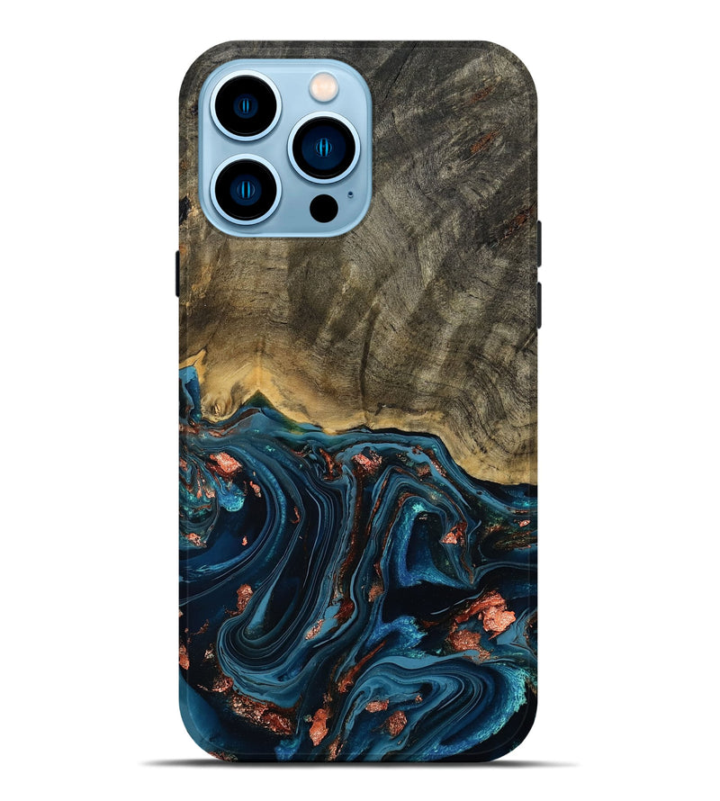 iPhone 14 Pro Max Wood Live Edge Phone Case - Don (Teal & Gold, 808682)