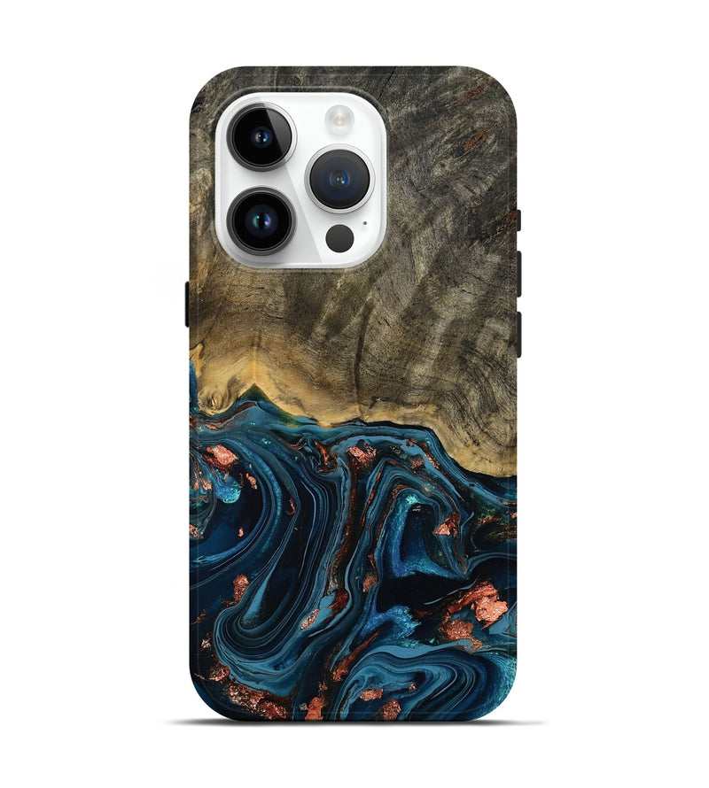 iPhone 15 Pro Wood Live Edge Phone Case - Don (Teal & Gold, 808682)