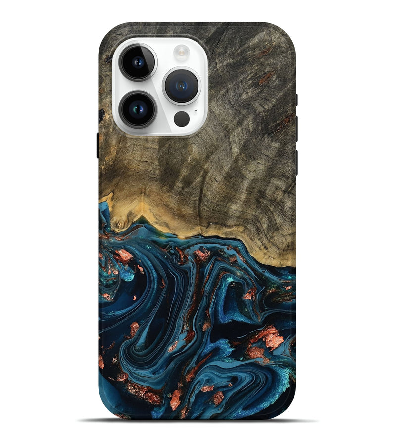 iPhone 15 Pro Max Wood Live Edge Phone Case - Don (Teal & Gold, 808682)