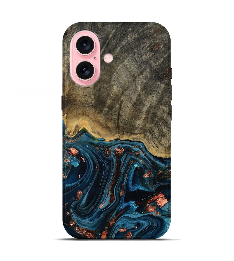 iPhone 16 Wood Live Edge Phone Case - Don (Teal & Gold, 808682)