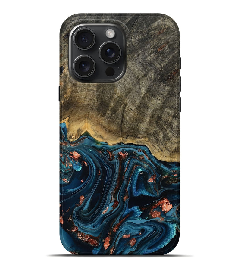 iPhone 16 Pro Max Wood Live Edge Phone Case - Don (Teal & Gold, 808682)
