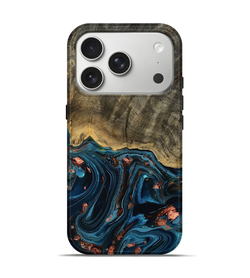 iPhone 17 Pro Wood Live Edge Phone Case - Don (Teal & Gold, 808682)