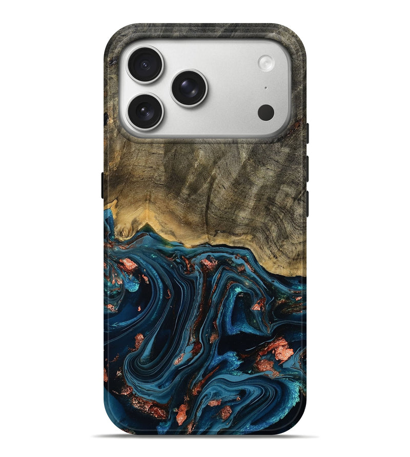 iPhone 17 Pro Max Wood Live Edge Phone Case - Don (Teal & Gold, 808682)