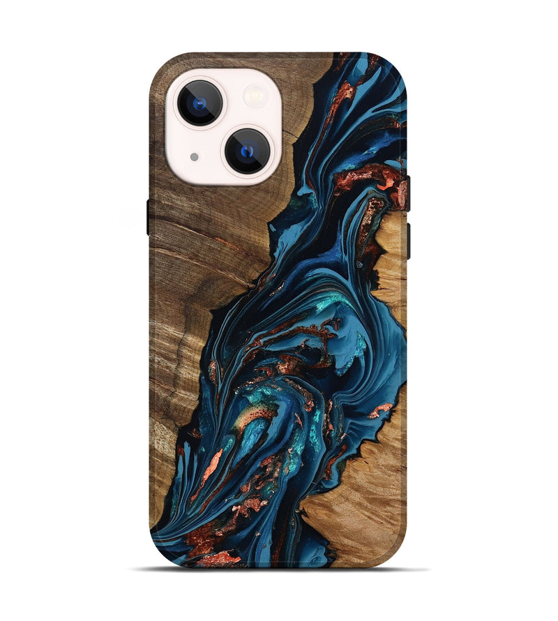 iPhone 14 Wood Live Edge Phone Case - Tamika (Teal & Gold, 808695)