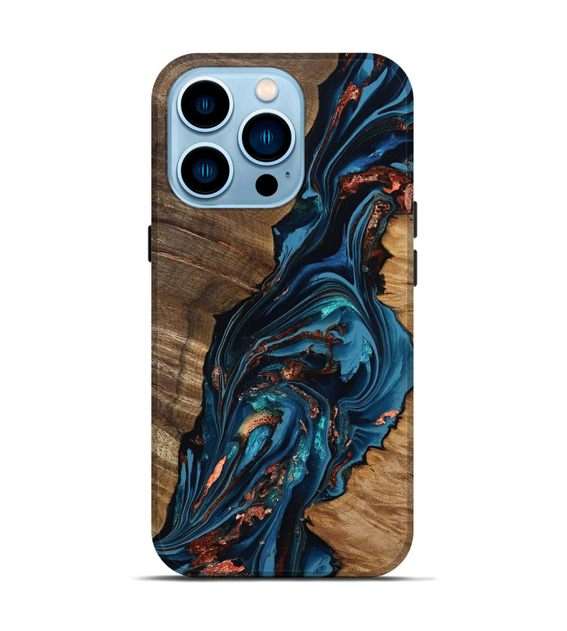 iPhone 14 Pro Wood Live Edge Phone Case - Tamika (Teal & Gold, 808695)