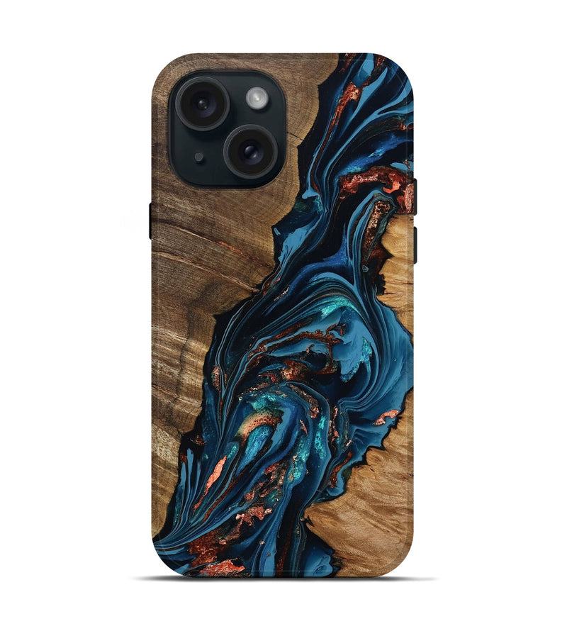 iPhone 15 Wood Live Edge Phone Case - Tamika (Teal & Gold, 808695)