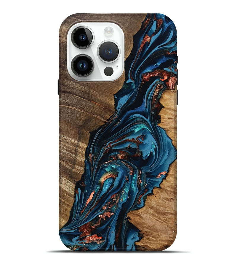 iPhone 15 Pro Max Wood Live Edge Phone Case - Tamika (Teal & Gold, 808695)