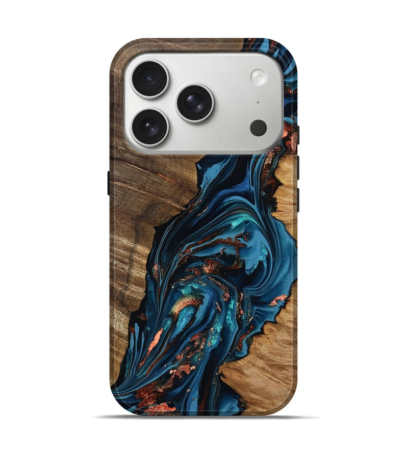iPhone 17 Pro Wood Live Edge Phone Case - Tamika (Teal & Gold, 808695)