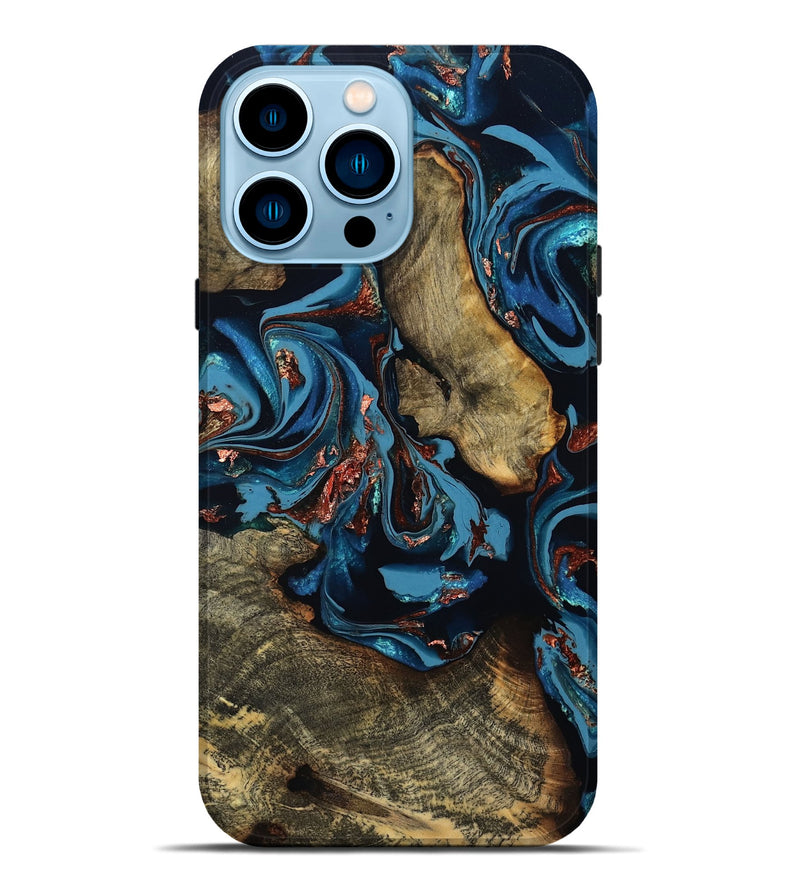 iPhone 14 Pro Max Wood Live Edge Phone Case - Aline (Teal & Gold, 808698)