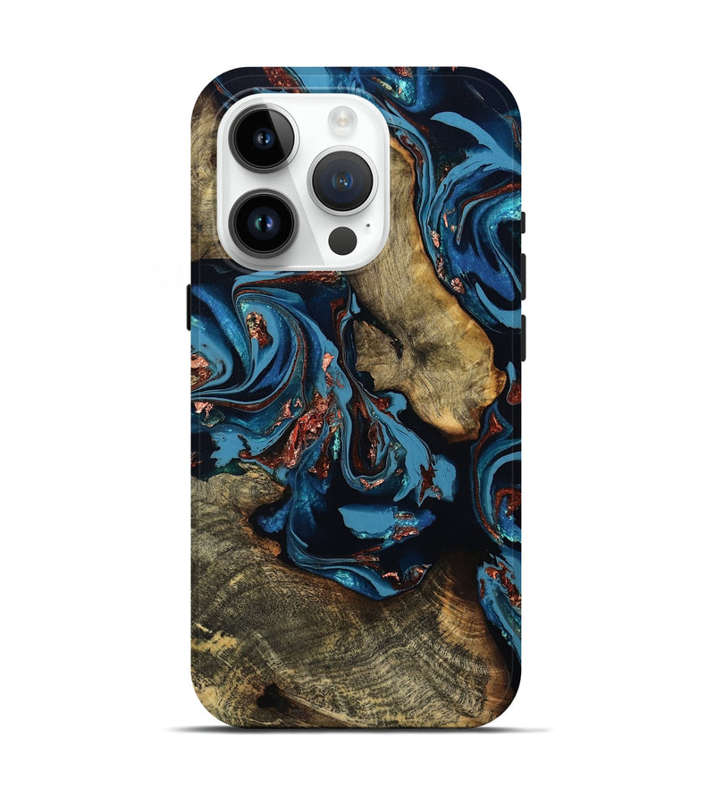iPhone 15 Pro Wood Live Edge Phone Case - Aline (Teal & Gold, 808698)