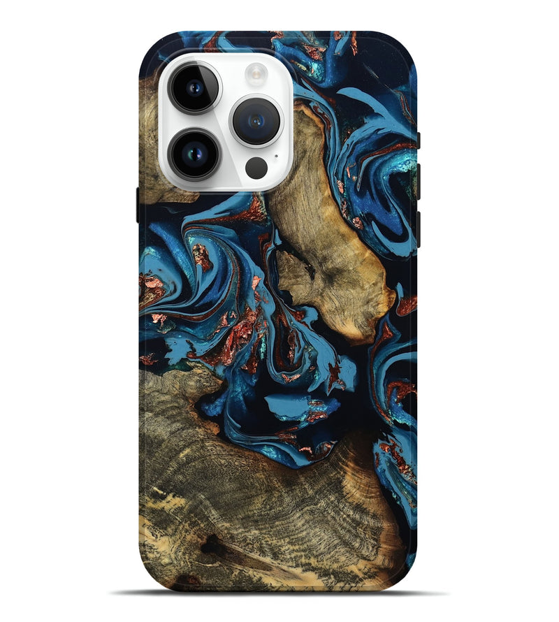 iPhone 15 Pro Max Wood Live Edge Phone Case - Aline (Teal & Gold, 808698)