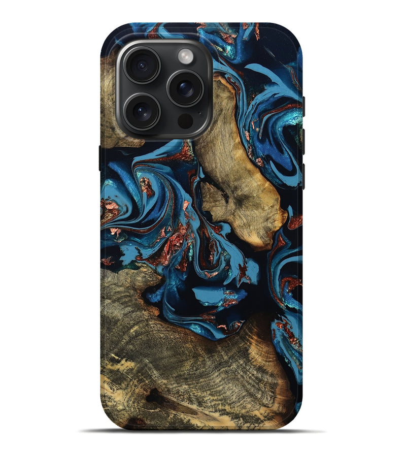 iPhone 16 Pro Max Wood Live Edge Phone Case - Aline (Teal & Gold, 808698)