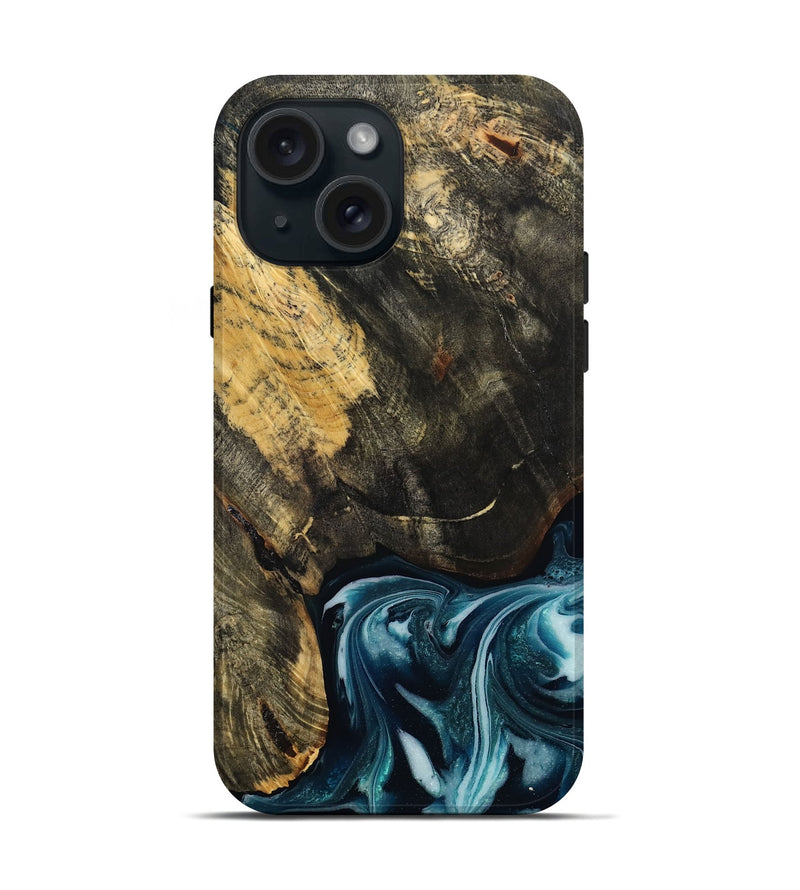 iPhone 15 Wood Live Edge Phone Case - Raven (Blue, 808706)
